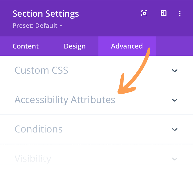 Image showing the Accessibility Attributes settings