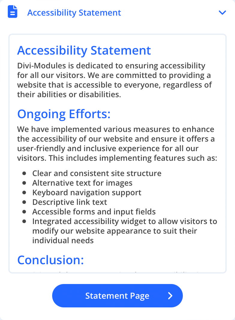 Image of the Accessibility Widget sidebar Accessibility Statement interface