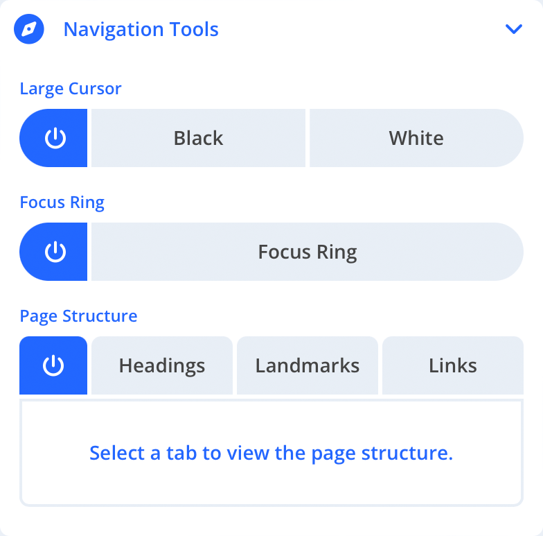 Image of the Accessibility Widget sidebar Navigation Tools interface
