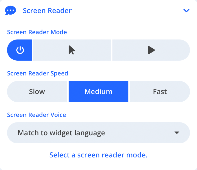 Image of the Accessibility Widget sidebar Screen Reader interface