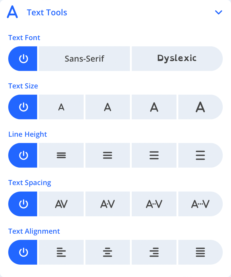 Image of the Accessibility Widget sidebar Text Tools interface