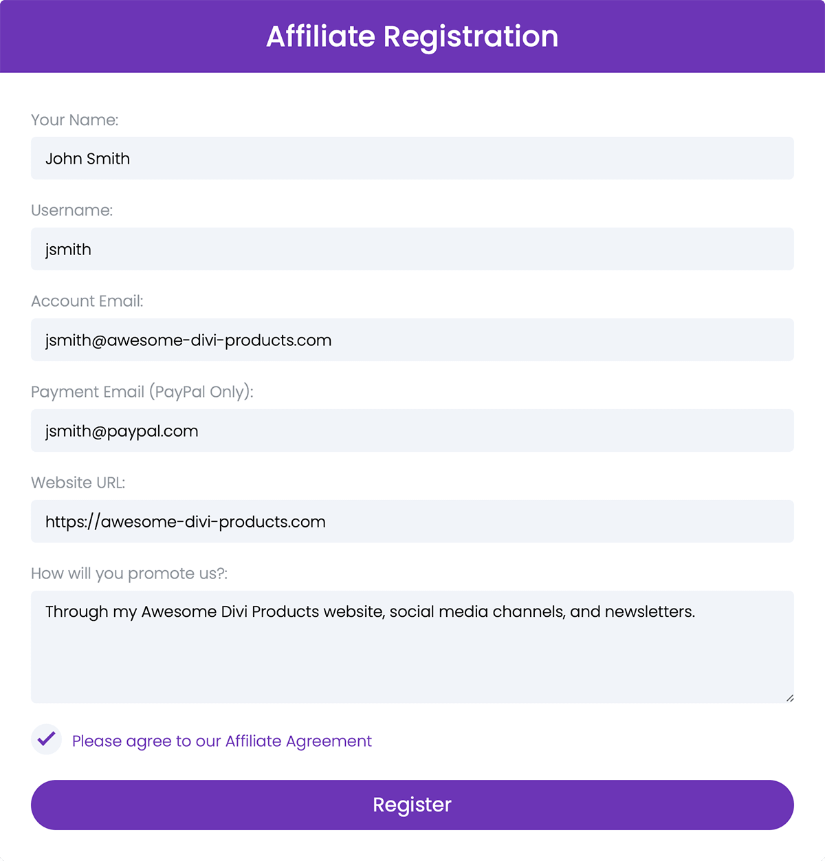 The affiliate registration form