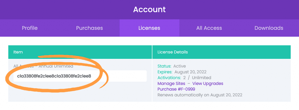 The licenses area of the Divi-Modules user account
