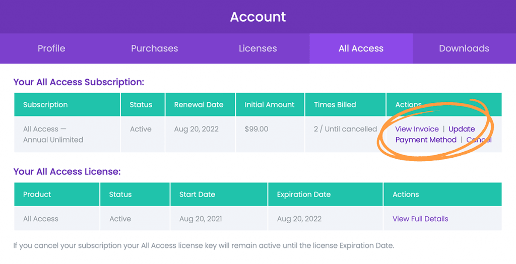 The all access area of the Divi-Modules user account