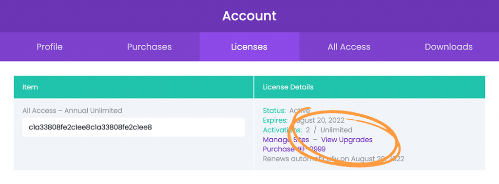 The licenses area of the Divi-Modules user account