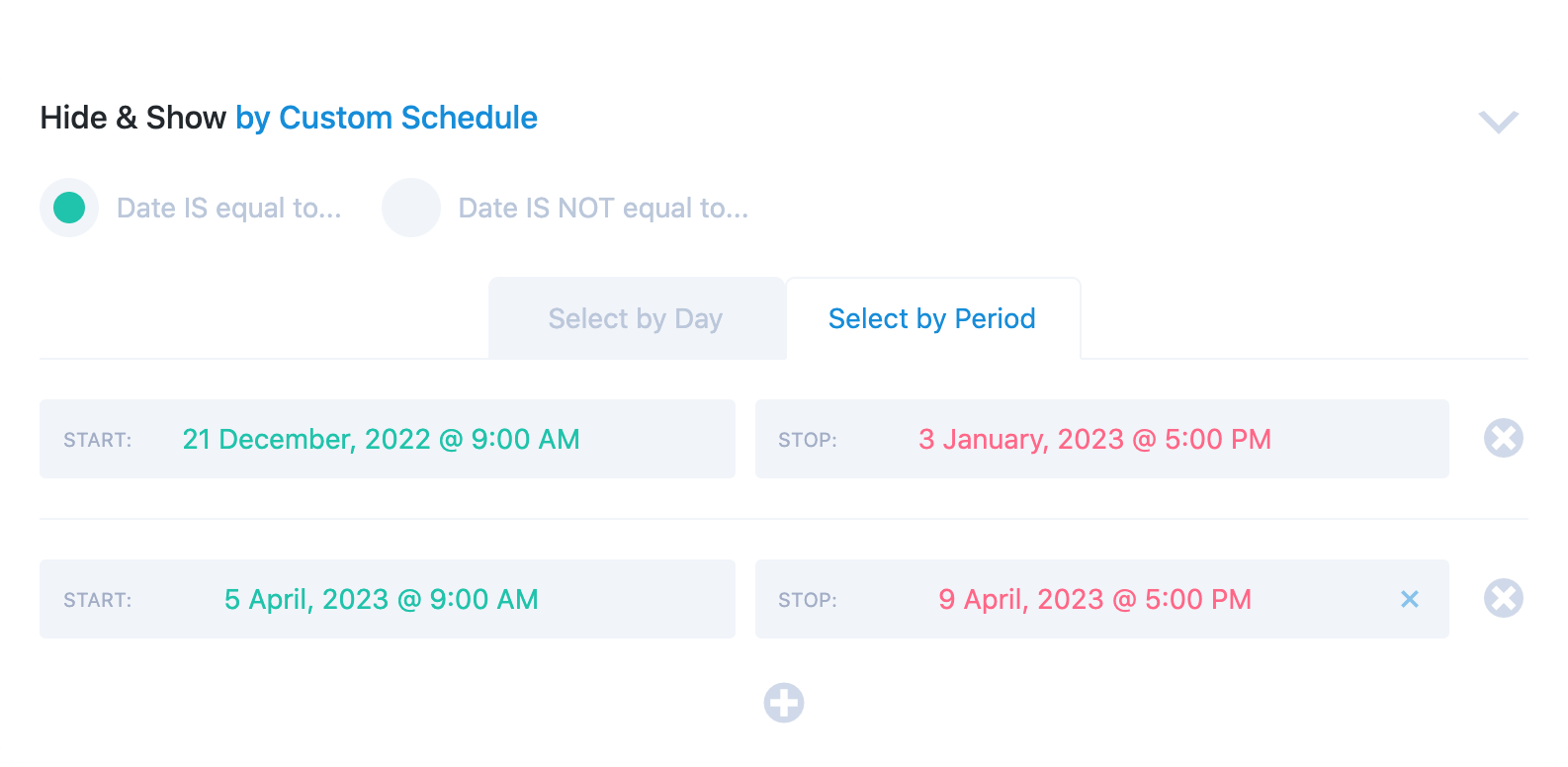 The Custom Schedule Component (Select by Period) settings