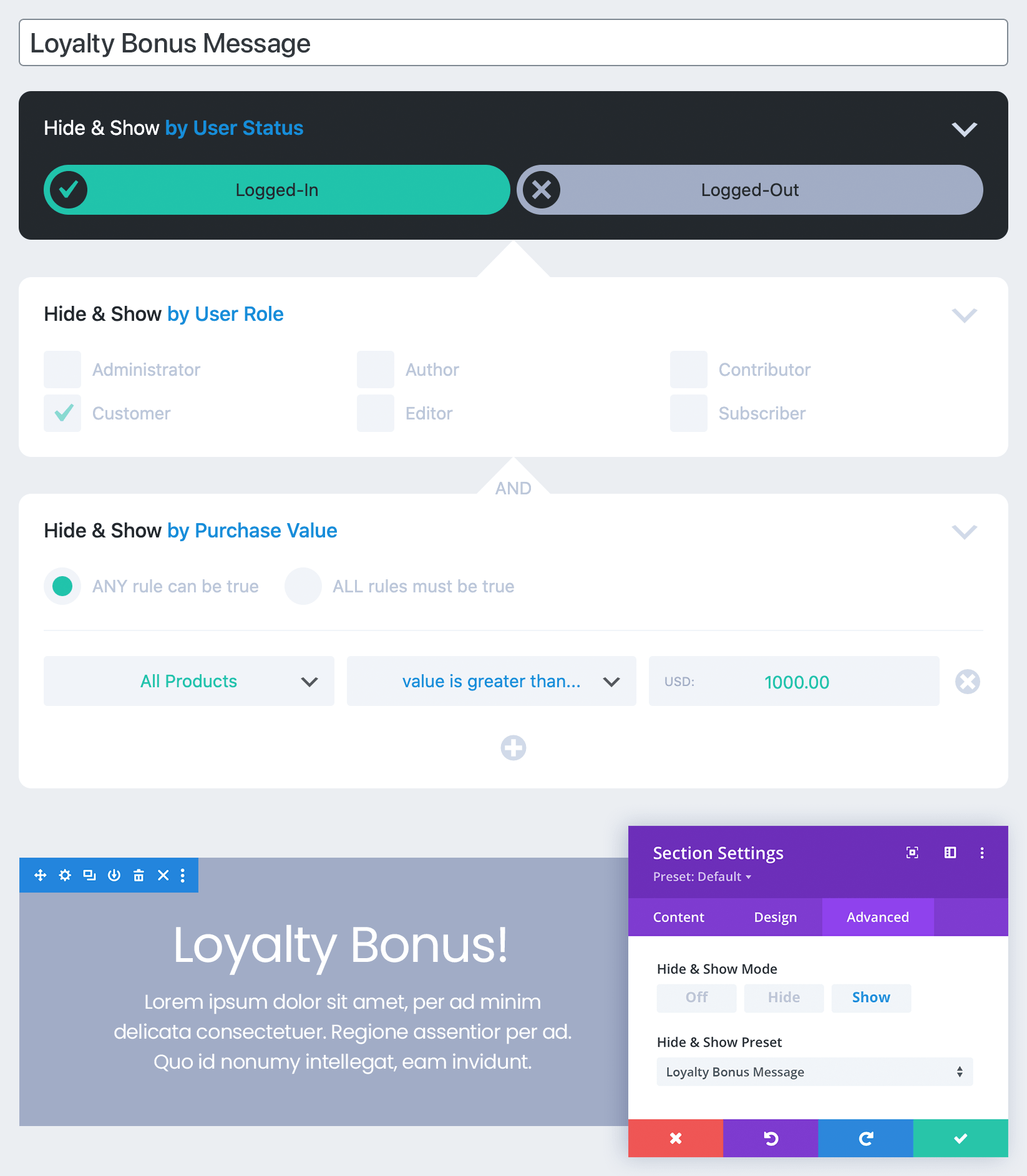A Hide & Show PRO Customer Rewards usage example