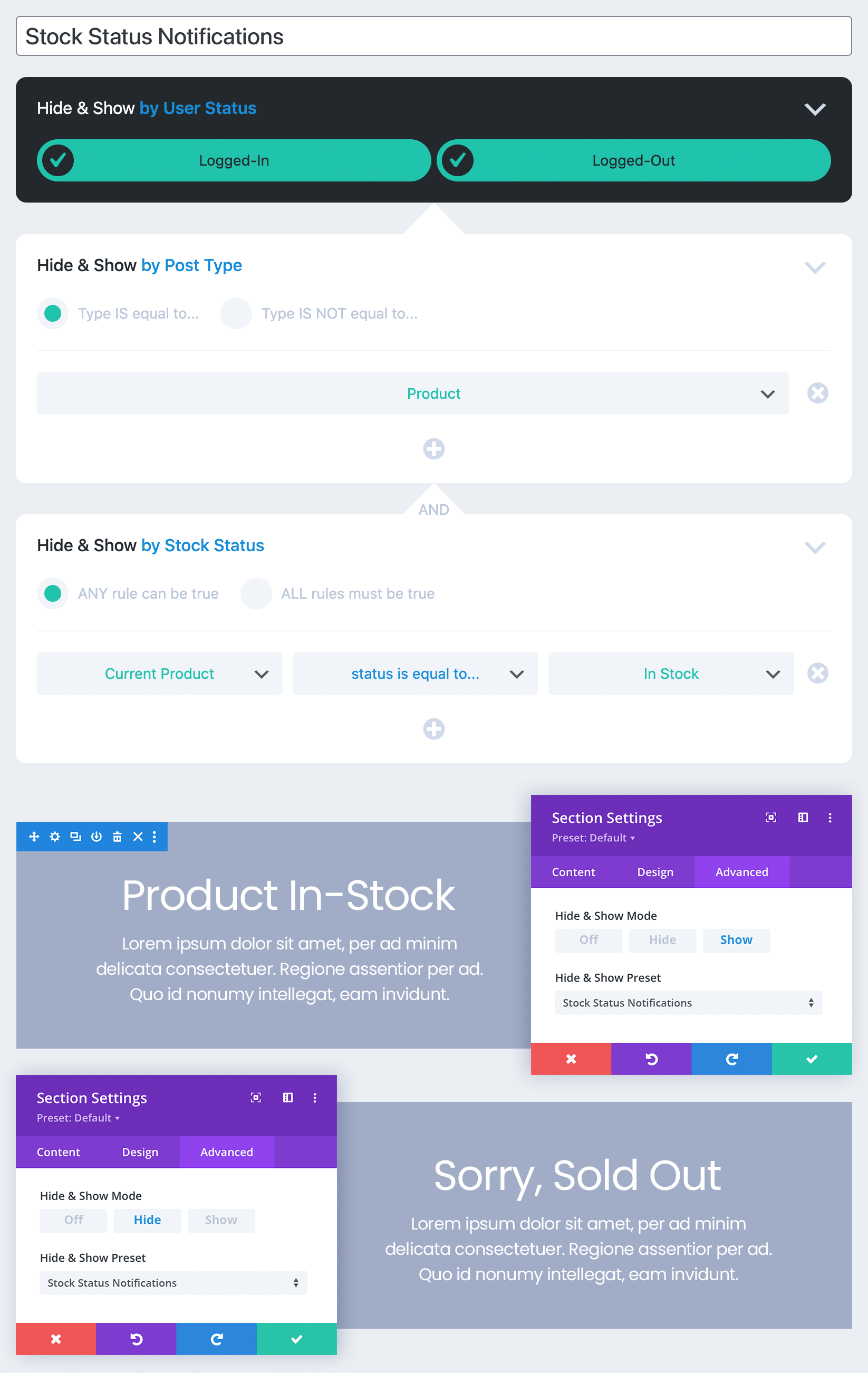 A Hide & Show PRO Stock Status usage example