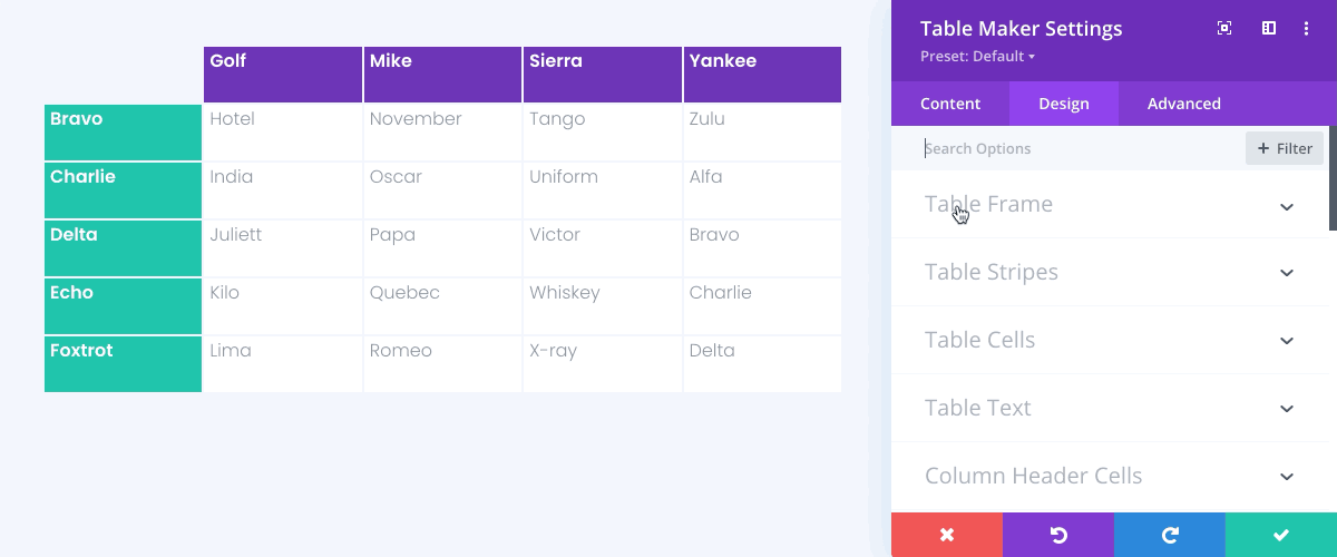 Animated gif showing table cells settings