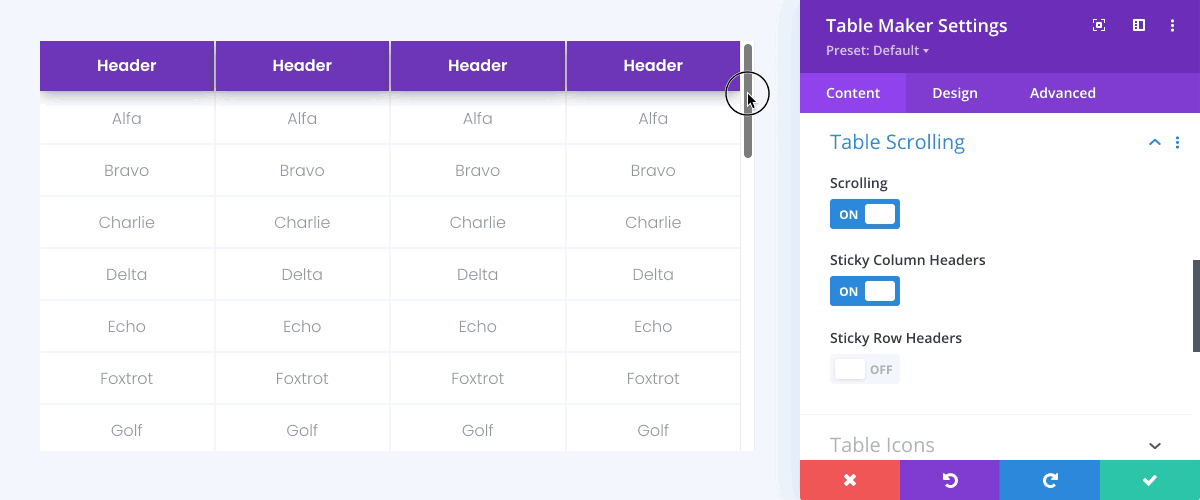 Animated gif showing table scrolling settings