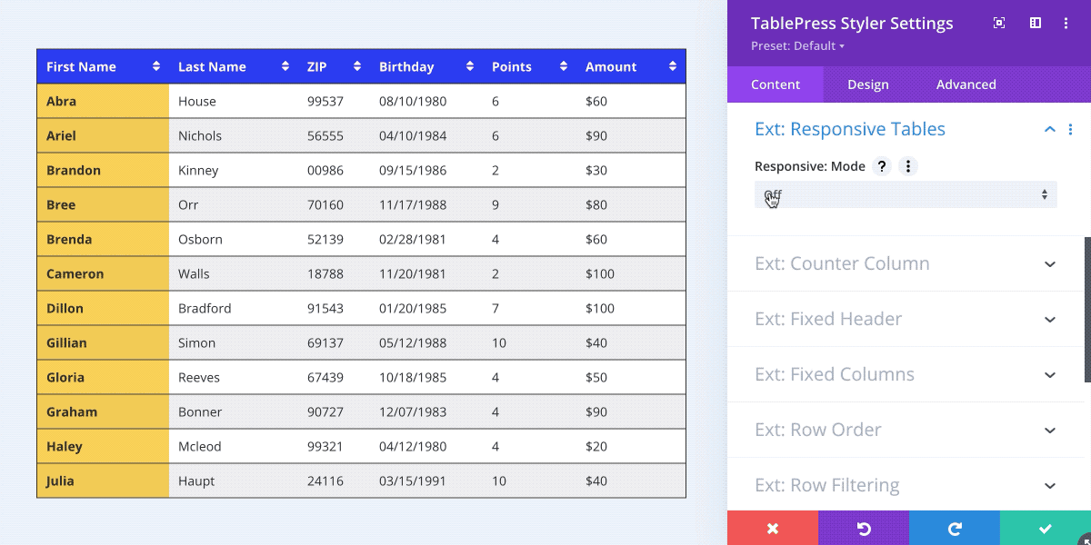 Animated gif showing responsive tables settings