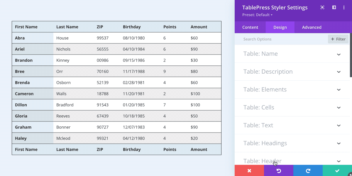 Animated gif showing table styling settings