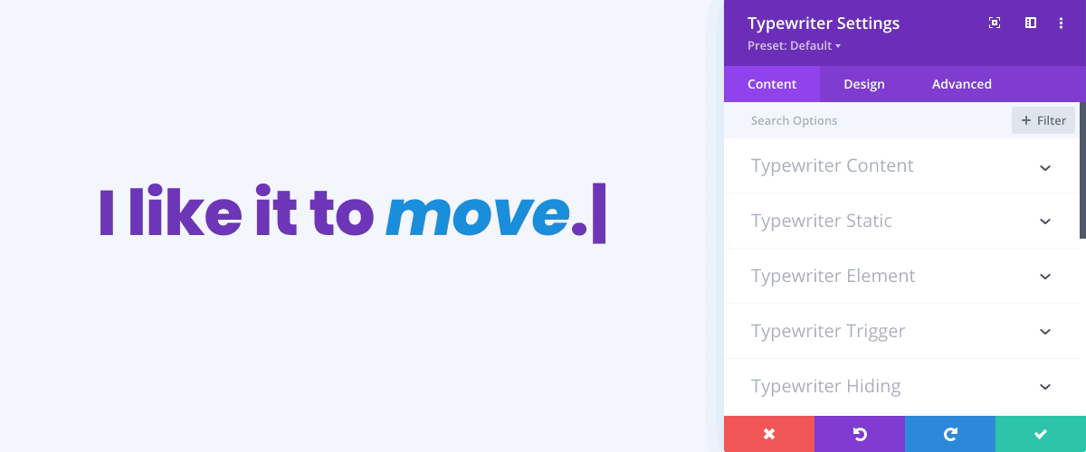 Animated gif showing typewriter move action settings